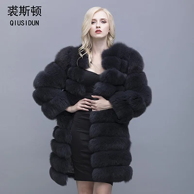 QIUSIDUN натуральный с длинными рукавами круглый лисий мех пальто зимнее длинное съемное модное пальто женская одежда большого размера - Цвет: Темно-серый