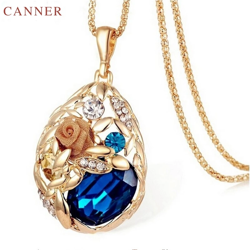 Vintage Flower Necklace Women Sweater Chain Long Necklace Jewelry Rose Gold Crystal Stone Teardrop Pendant Necklaces collier C40