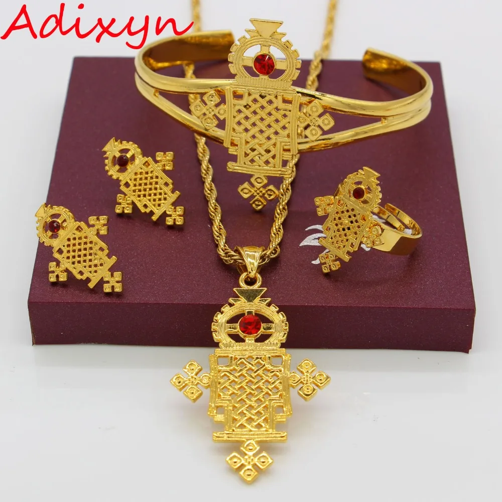 

Adixyn Ethiopian Cross Jewelry Set Necklace/Earrings/Bangle/Ring/Pendant Gold Color red Crystal Eritrea Bride Wedding/Party Gift