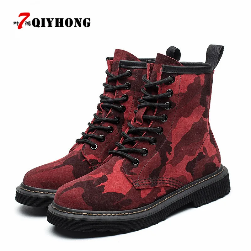 

Fashion 2018 New Camouflage Genuine Leather Women Martin Boots Motocycle Women Boots Botas Womens Ankle Round Head Autumn Shoes