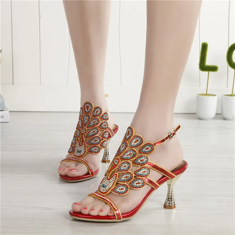 G-sparrow 2018 Summer New Korean Sexy Red Rhinestone Sandals Stiletto High Heel Diamonds Comfortable Womens Shoes Large Size4