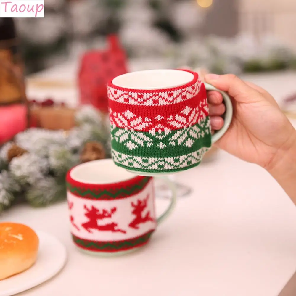 

Taoup Knitting Merry Christmas Mug Cups Cover Xmas Decor for Home Decor for Christmas Table Decors Cups Holder Santa Claus Elk