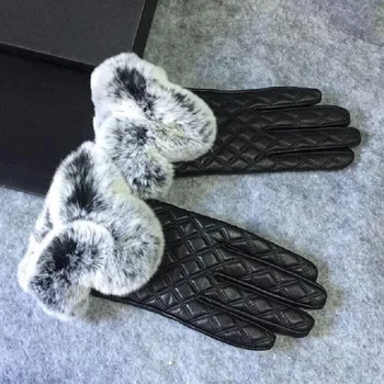 

Luxury Real Rabbit fur Leather gloves women Black 100% Sheepskin Leather winter glove women Genuine Thick Warm gloves