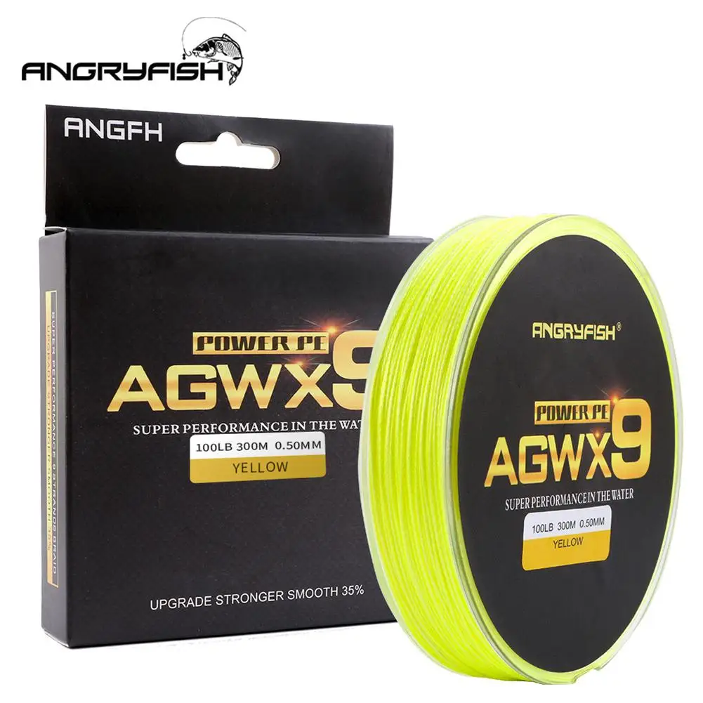 ANGRYFISH Diominate X9 PE Line 9 Strands Weaves Braided 300m/327yds Super Strong Fishing Line 15LB-100LB Yellow