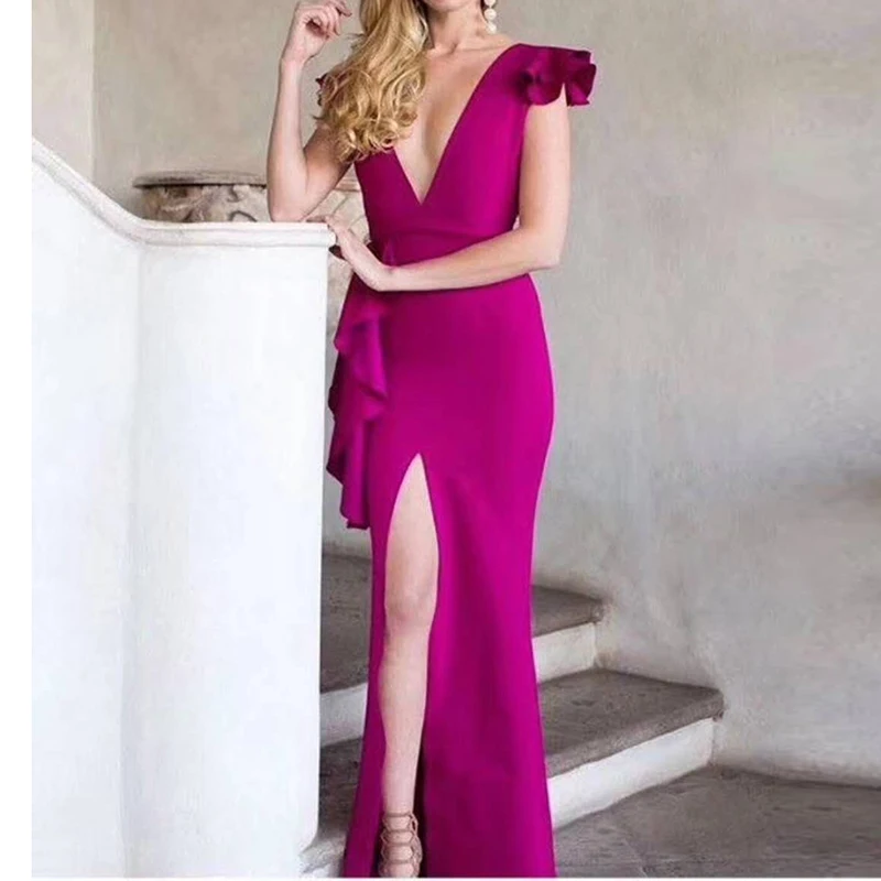 

HIGH STREET New Fashion Runway 2018 Designer Party Dress Women's Back V Sexy V-neck Ruffle Slit Long Bandage Dress