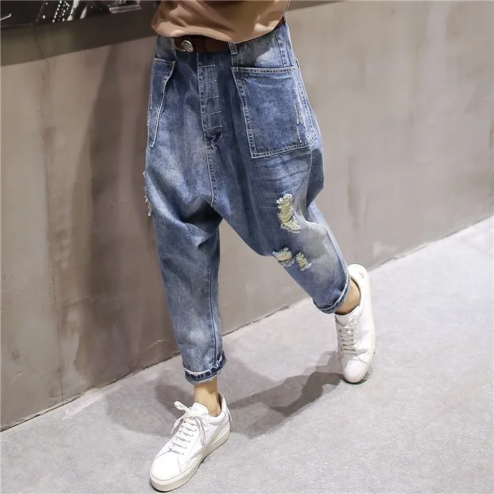 Летние синие заниженным шаговым швом джинсовые брюки мужские уличная Танцы мешковатые Перекрестные брюки Для мужчин свободные скейтборд