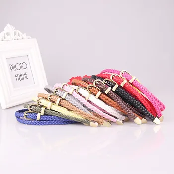 

Fashion Womens Vivid Braided Casual PU Leather Narrow Thin Buckle Strap Waist Belt Candy Skinny Waistband Belt For Women