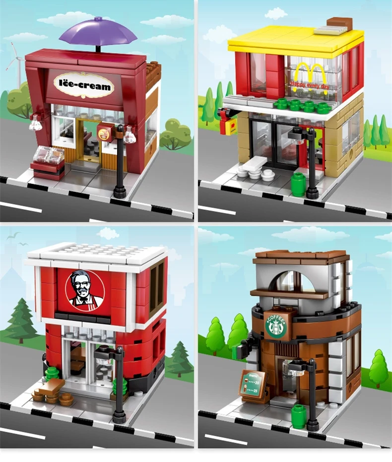 

Mini Street Retail Store Architecture 3D Model Building Blocks Cola McDonald Cafe KFCE City View Legoing compatible Blocks Toy