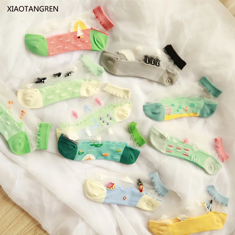 

rainbow women cute socks Boat Short Transparent Crystal Cotton Low-cut Cartoon Ankle Socks calzini chaussettes calcetines mujer