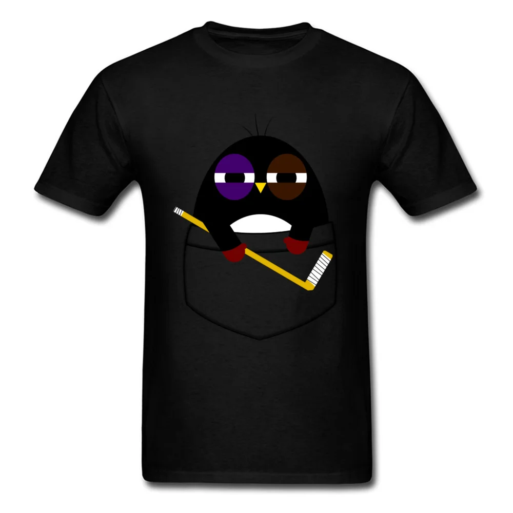 Pocket hockey penguin Crewneck Top T-shirts Thanksgiving Day Normal Tops Shirt Short Sleeve Hot Sale Cotton Tops T Shirt Men Pocket hockey penguin black