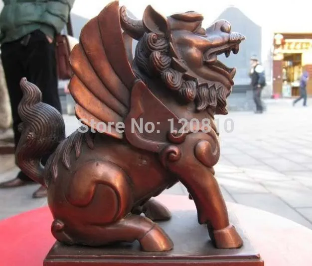 

Chinese red Bronze apotropaion wing kylin Foo Dogs Lion wing beast Statue