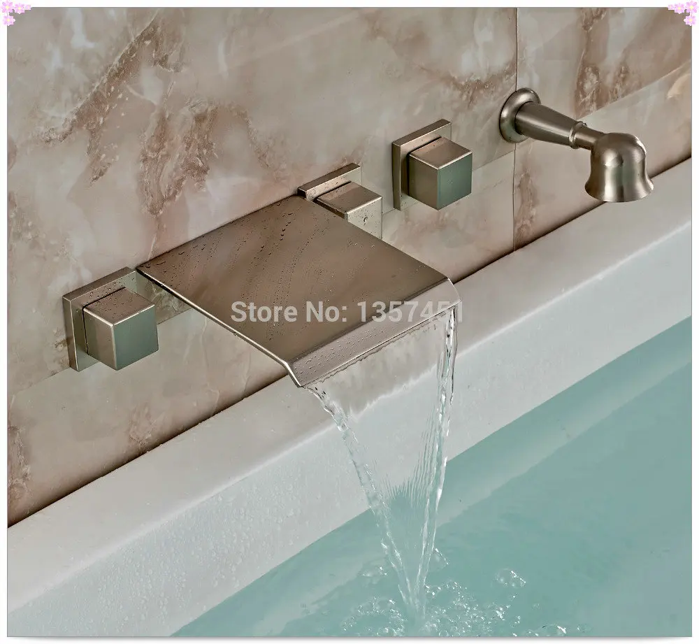 Brushed Nickel Wall Mount Bathtub Faucet Waterfall Mixer Tap with Hand Showertap connectortap