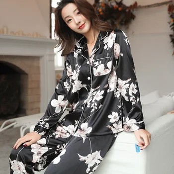 

Spring Printing Floral Silk Pajamas For Women Satin Pattepajama Set Long Sleeve Trousers 2 Piece Suit Nightwear Femme MA50133