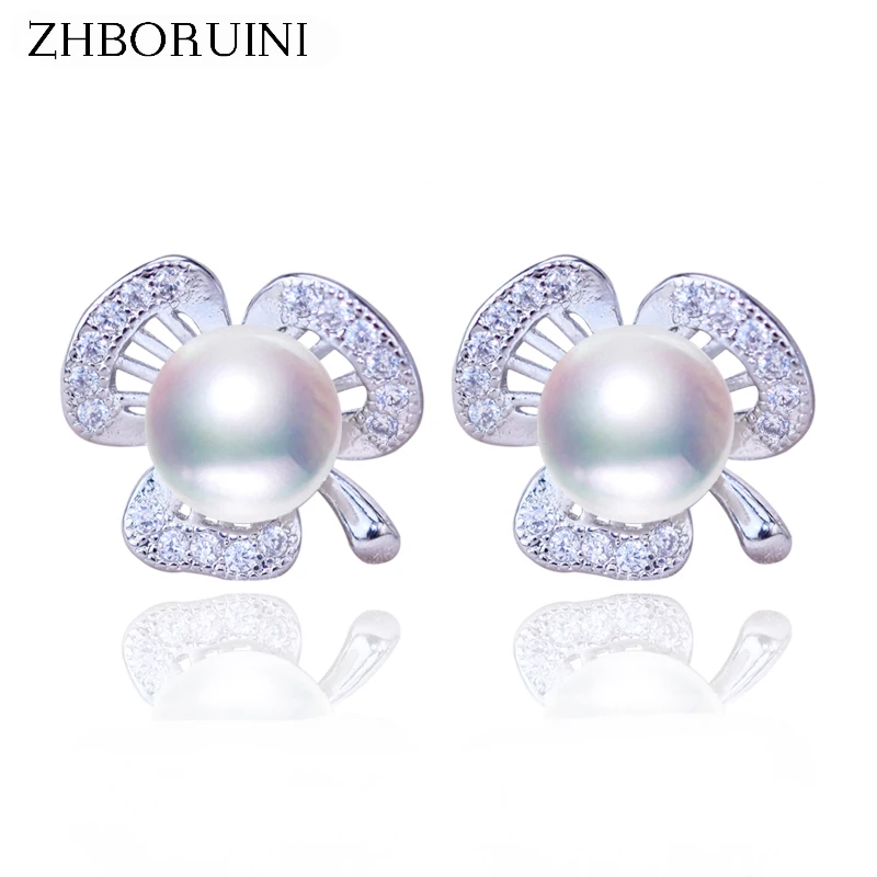 

ZHBORUINI 2019 New Pearl Earrings 925 Sterling Silver Jewelry Leaf Zircon Natural Freshwater Pearl Stud Earring For Women Gift