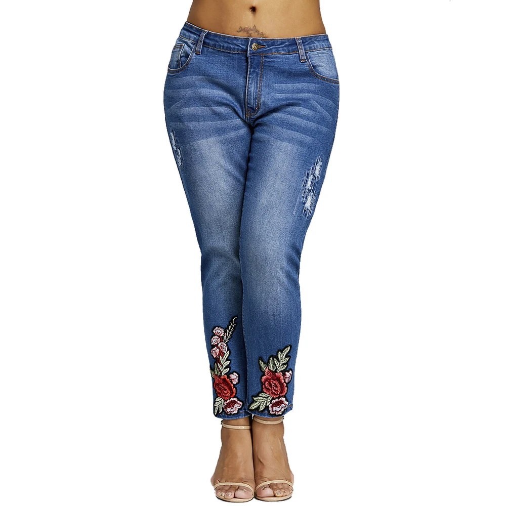 Pantalones Tamaño Bordada Dark Blue La Denim Wipalo Jeans Lápiz Ropa Femme Gran Plus Mujeres 2018 Cremallera Damas Floral De Bordado 5xl AFPw4B