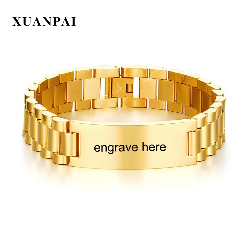 

XUANPAI Free Laser Name Identification Bracelet for Men Stainless Steel Watch Band Design Office Casual Male Jewelry