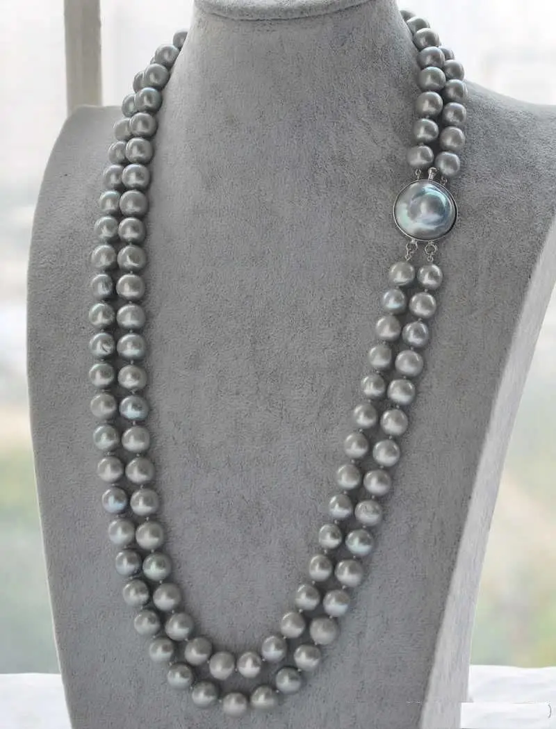 

shipping double strands 9-10mm natural Australian south sea gray pearl necklace