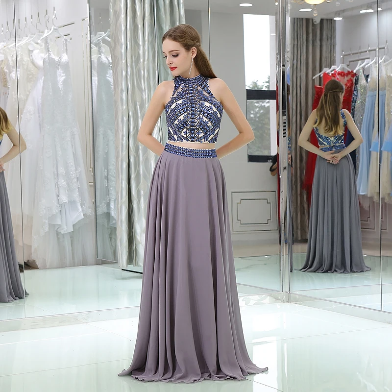 JaneVini Элегантное длинное шифоновое плюс Размеры платья невесты Line высокий вырез, открытая спина двух частей бусы с кристаллами для платья