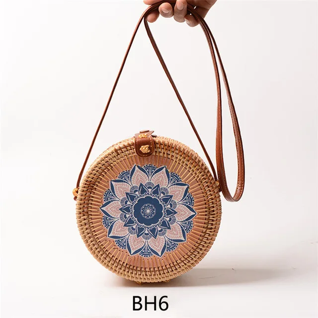 Этнический стиль, круглые пляжные сумки через плечо, бохо Балийские ручные тканые сумки из ротанга для женщин, винтажная соломенная сумка на плечо с цветочным принтом - Цвет: BH6