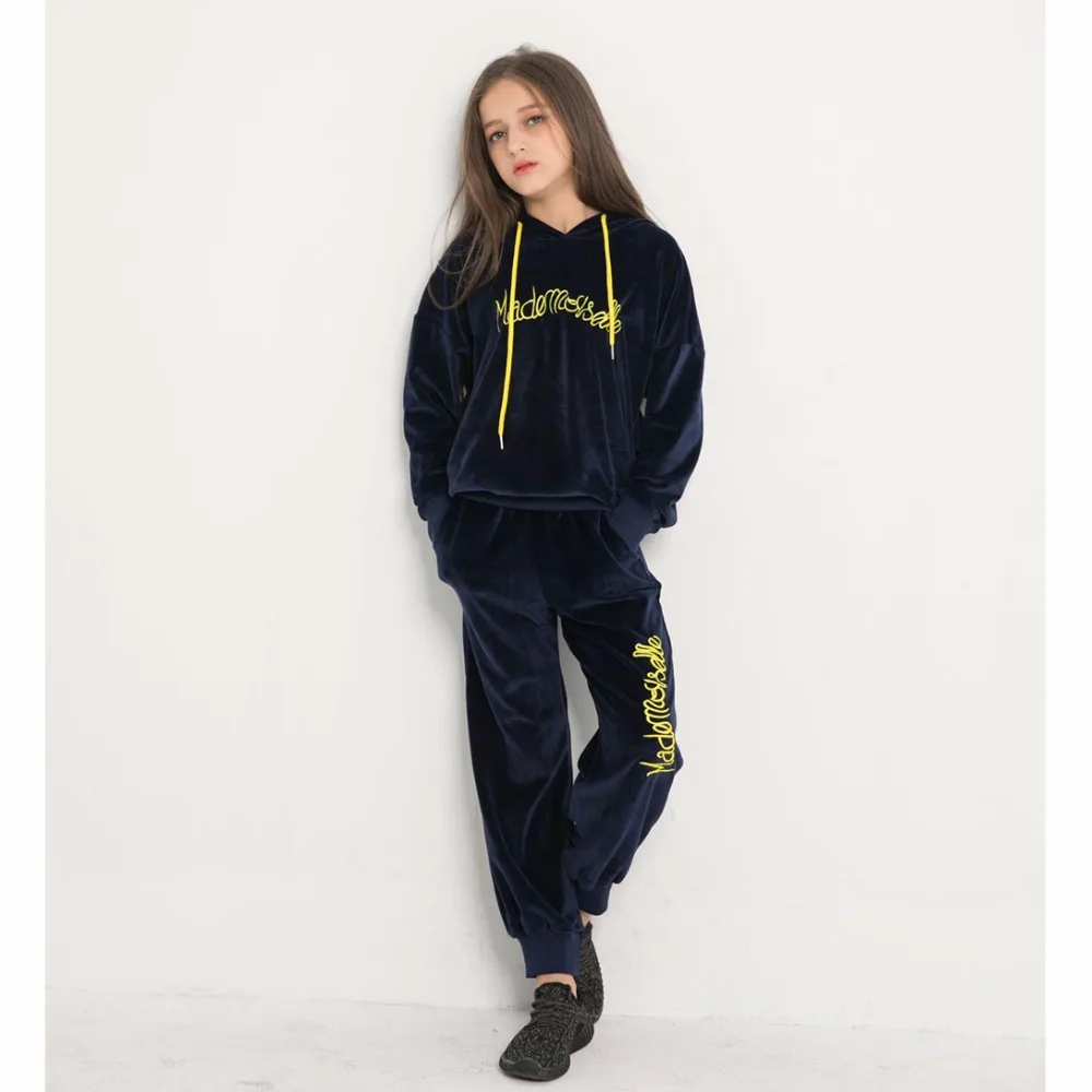 

Girls sportwear set autumn winter outfit teen sports tops + pants 2pcs embroidered solid color hooded for 6 8 10 12 14 years