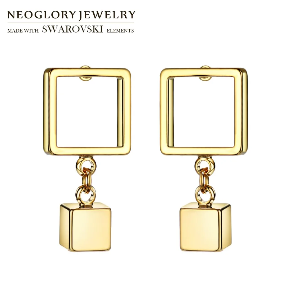 Neoglory Metal Gold Color Big Square Design Stud Earrings Geometric Jewelry For Lady Party Summer Classic Gift | Украшения и