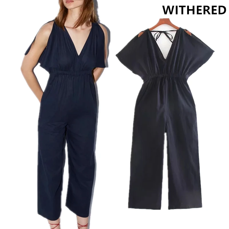

Withered england style linen navy solid color sexy jumpsuit rompers womens jumpsuit overalls plus size wide leg pants plus size