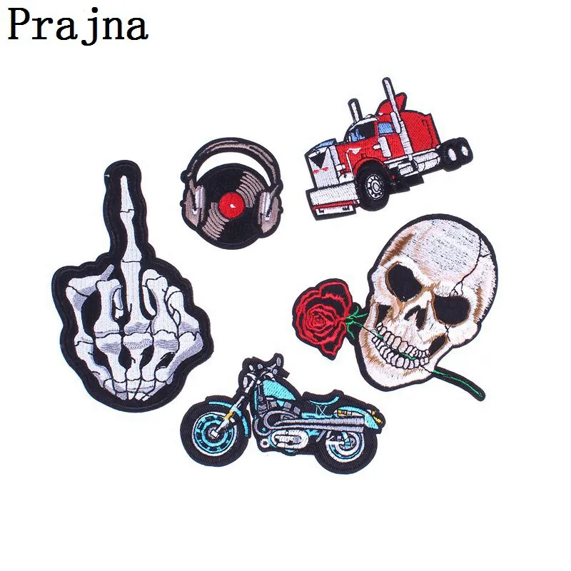 

Prajna Motorcycle Music Finger Skull Patch Iron On Punk Rock Patch Cheap Embroidered Biker Patches For Clothes Jeans Stickers