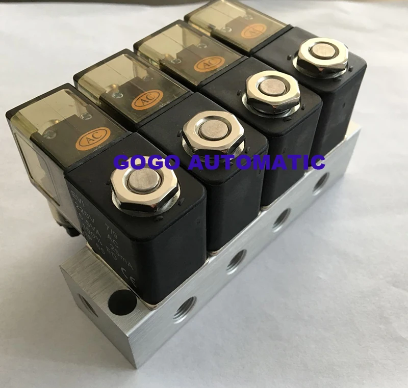 

4pcs valve with manifold 2 way Pneumatic direct acting solenoid valve 2V025-06 1/8" BSP 110V AC micro control gas valve set