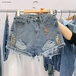 Высокая талия рваные для женщин джинсовые шорты с карманами Лето 2019 г. Винтаж уличная промывают отверстие шорты для сексуальные джинсовые