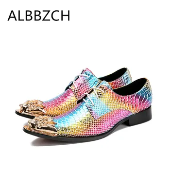 

Mens luxury metal pointe toe lace up printing leather dress shoes men fashion derby wedding shoes career work photography shoes
