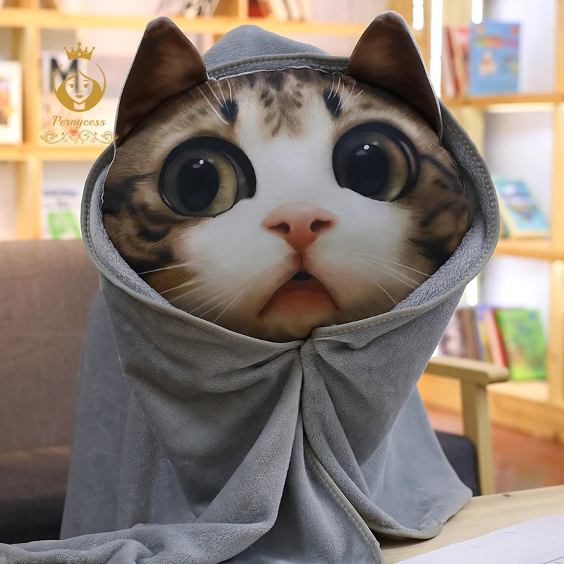 

Simulation printing cat meow star plush toys, Cute 3D 3-in-1 cat's hand warmer blanket