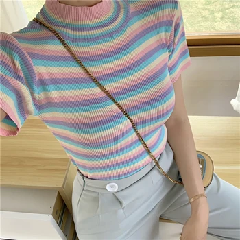 

2020 Summer New ice cream color tee-shirt female rainbow striped slim knitting short women t-shirt Top