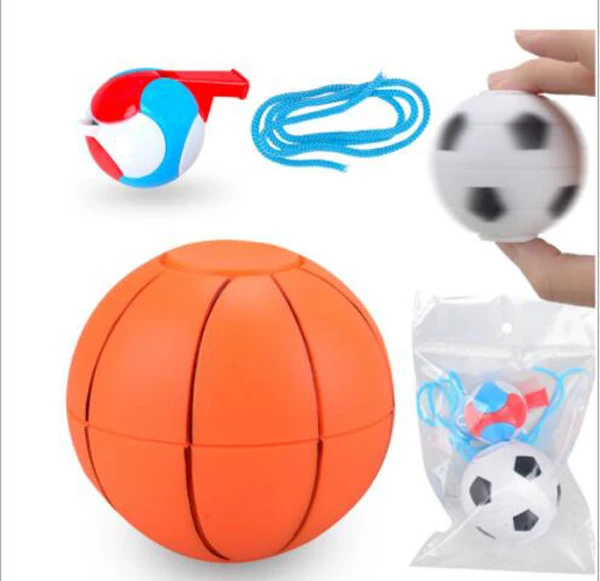 

Free ship 6 sets New listed plastic football basketball magic cube finger fidget spinning toy for kid party favors bag fillers