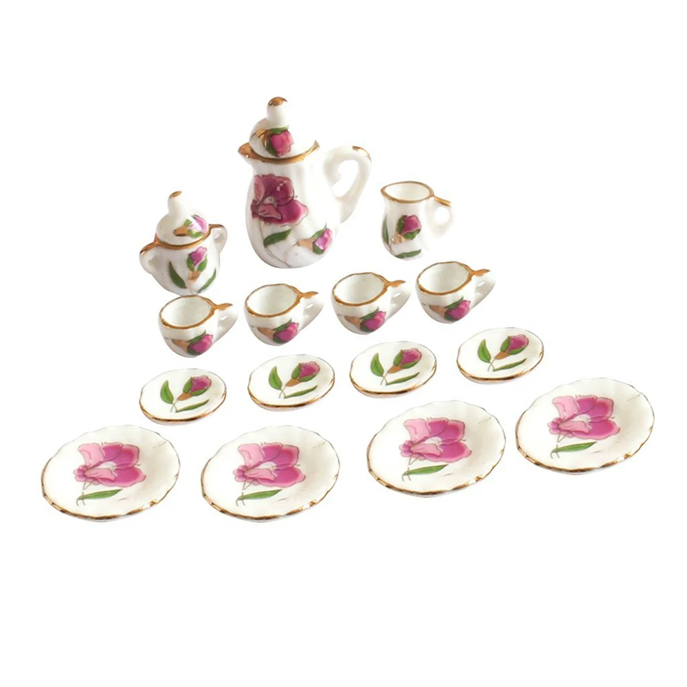 

15 Pieces 1/12 Dollhouse Miniature Peony Dining Ware Porcelain Tea Cup Set
