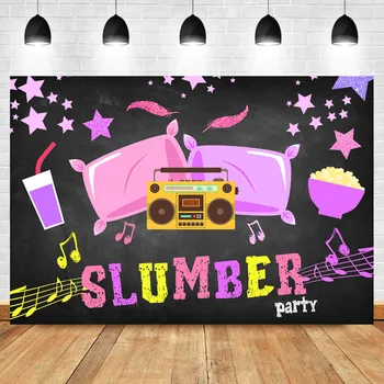 

Neoback Girl Sleepover Party Photo Background Design Slumber Parites Banner for Decoration Pillow Radio Birthday Theme Backdrop