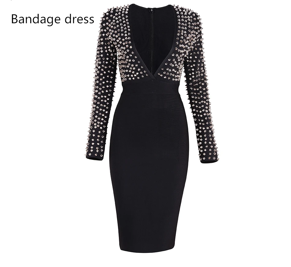2017 New Women Bandage Dress Black Studded Rivet Vestidos Deep V Neck