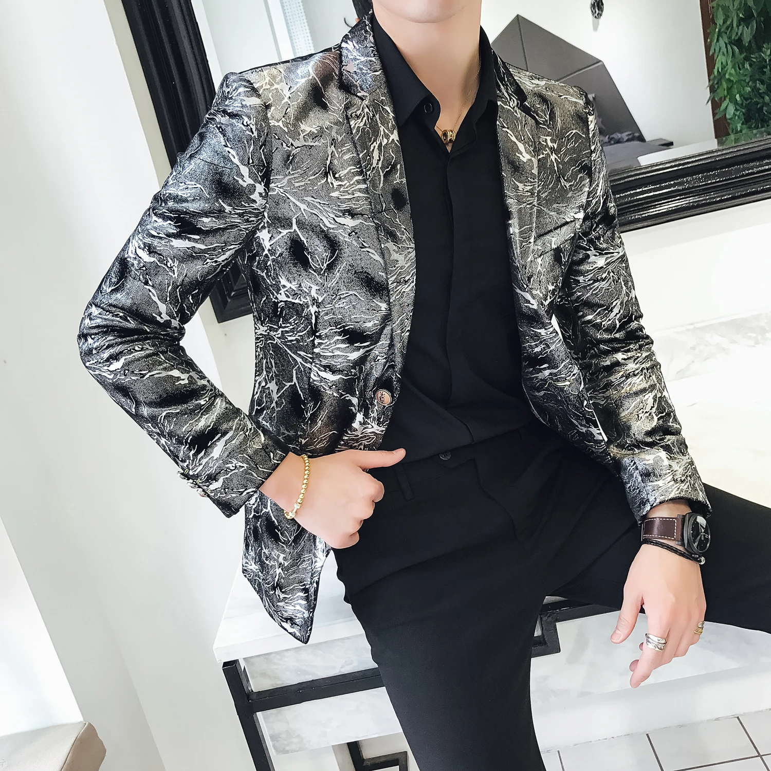 Flashlight Print Velvet Blazer Men High Quality Stylish Blazer for Mens Designer Blazer Suits Jacket Stage Costumes 5xl