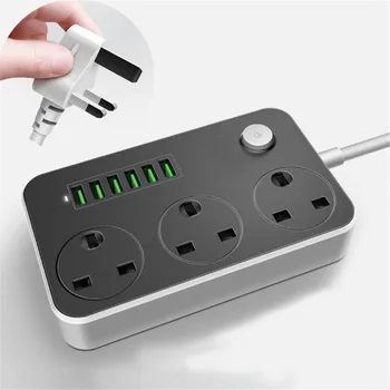 

PLYMOTON Power Stripe Socket Overload Surge Protector UK Standard Plug 3 AC Outlets Chargers 6 USB Ports Socket Adaptor