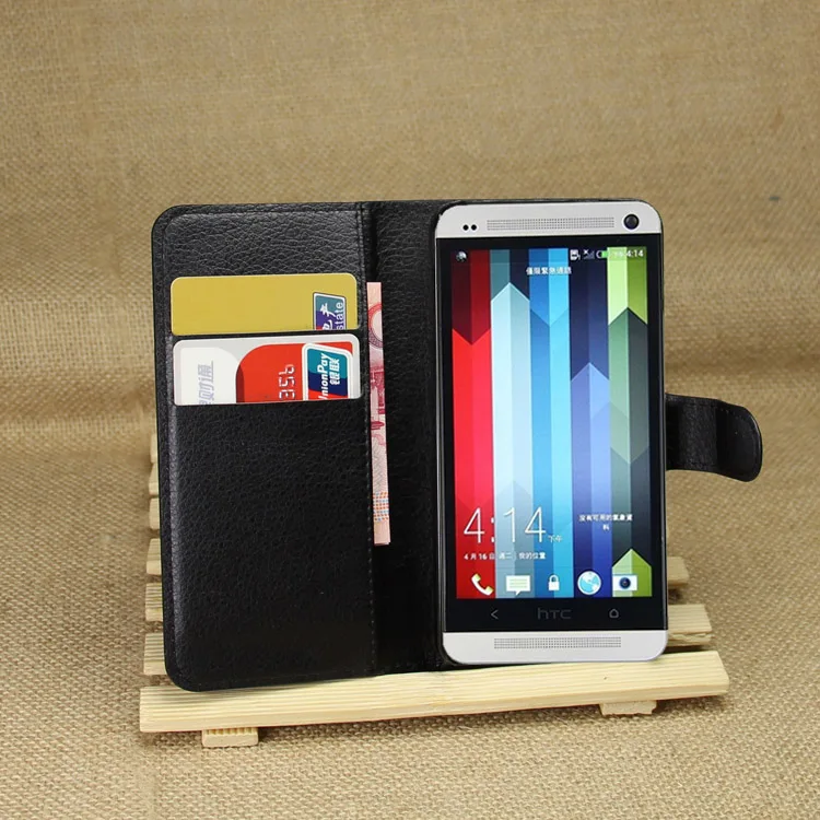 

for HTC One M7 Case Wallet Card Stent Cases Lichee Pattern Flip Leather Case Protect Cover black 801e for HTCm7 M 7