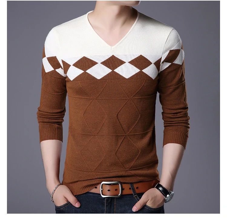 Новинка, Осенний повседневный мужской свитер с v-образным вырезом, приталенный геометрический рисунок, мужские свитера, хлопковые пуловеры для мужчин, разборчивый