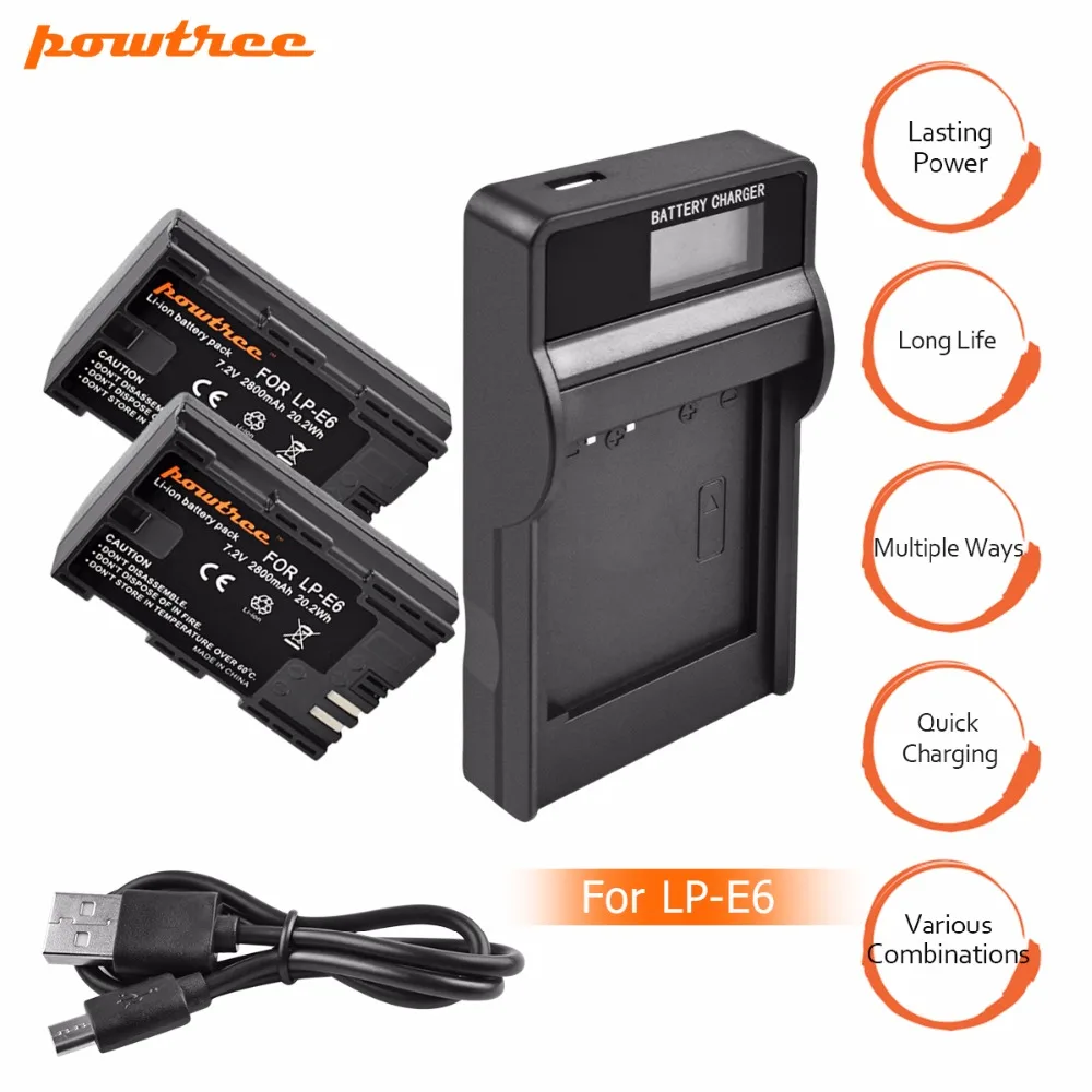 

2X LP-E6 LPE6 LP E6 Li-ion Battery+LCD Battery Charger for Canon 5D Mark II Mark III EOS6D 7D 60D 60Da 70D 80D DSLR EOS 5DS L
