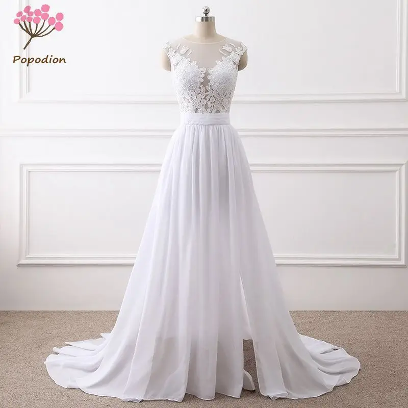 

2018 Popodion Lace Chiffon Mariage Wedding Gown White Mermaid Wedding Dress Bride Dress vestido De noiva WED90385