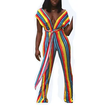 

High Street Womens Long Jumpsuit Summer Sexy Multiway Sleeveless Wide Leg Trousers Fashion Colorful Striped Overalls For Women