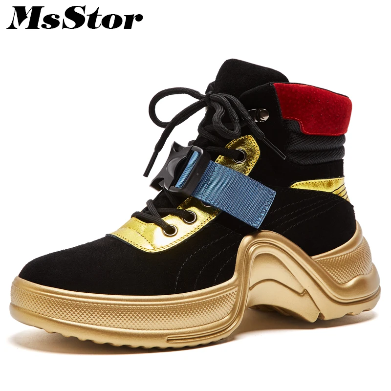 Kopen Msstor Dikke Bodem Lace Up Vrouwen Laarzen Mode Gemengde Kleuren Gesp Enkellaars Vrouwen Schoenen Platform Zwarte Laars Schoenen Voor vrouw