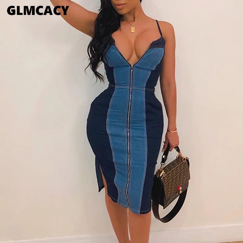 

Women Spaghetti Strap Denim Bodycon Dress Casual Sheath Patchwork Front Zipper Knee-Length Plunge V-Neck Side Slit Dress