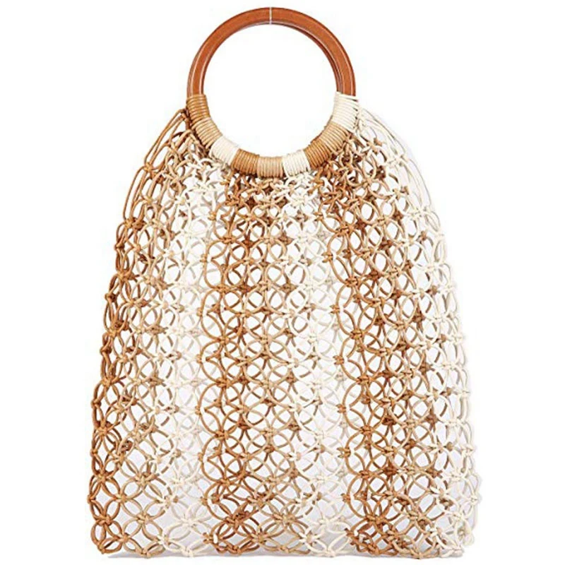 

Large Beach Bag Crossbody Summer Beach Tote With Top Handles, Net Camel Wooden Handle