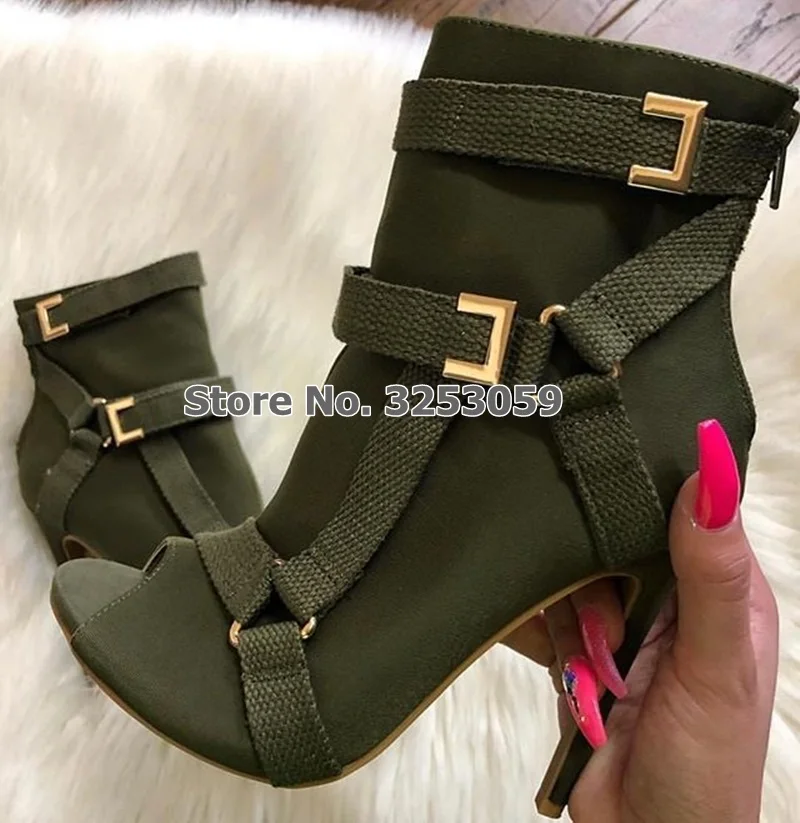 

ALMUDENA Army Green Black Buckle Strap Ankle Boots Stiletto Heels Open Toe Motorcycle Boots Metal Buckle Decorated Dress Shoes