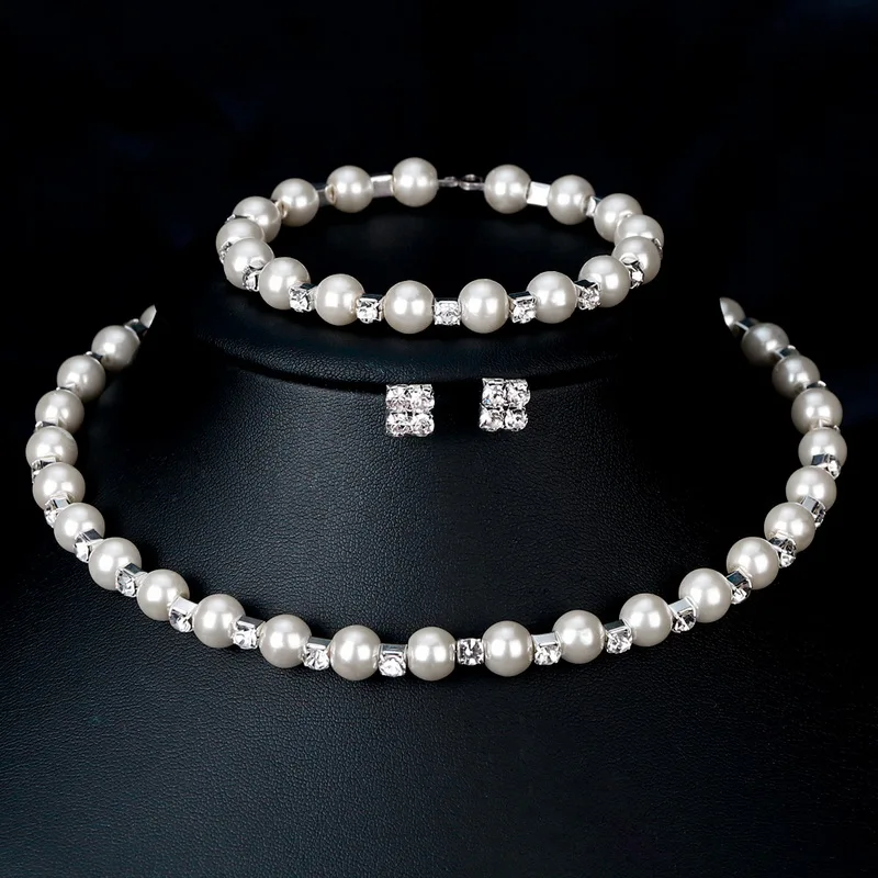 

Imitation Pearl Crystal Choker Necklace Earrings Bracelet Jewelry Set For Women Crystal Bridal Wedding Sets Gift Decoration