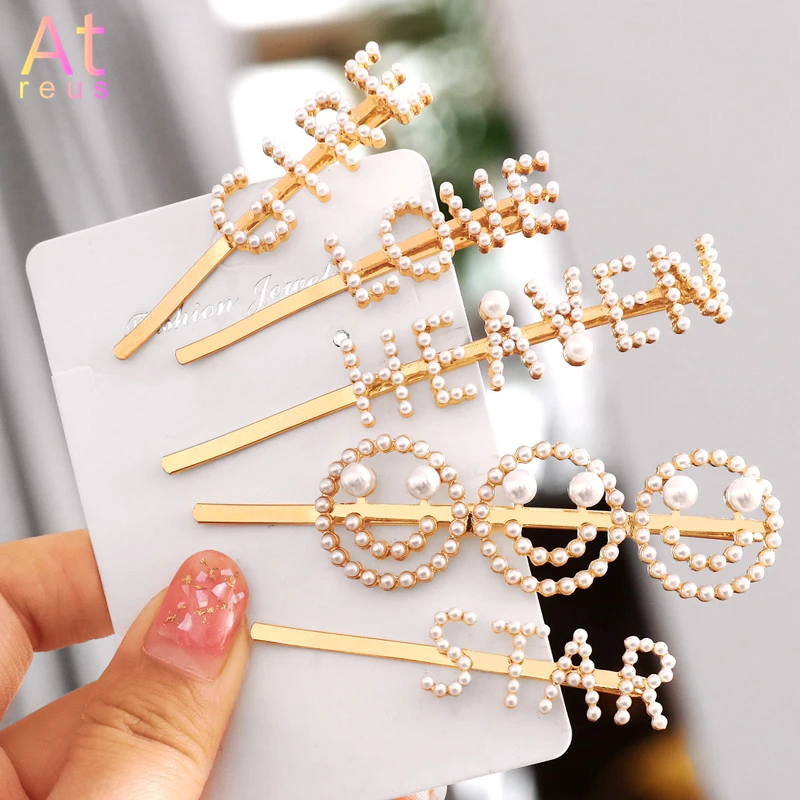 

2019 Ins New Women Girls Cute Pearls Letter Hairpin Headwear Hair Ornament Barrettes Hair Clip Headband Fashion Hair Accessories
