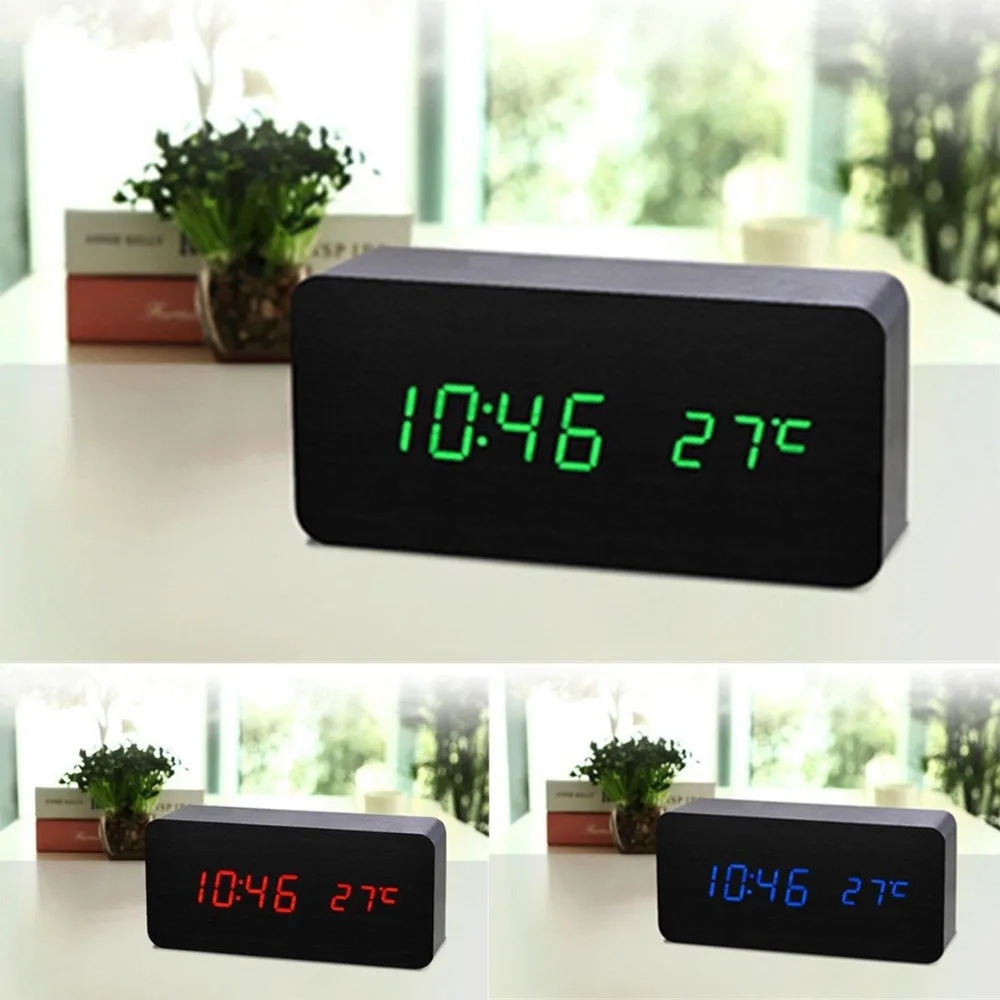 

Cut Square Wooden LED Alarm Clocks Temperature Electronic Clock Sounds Control Digital LED Display Desktop Calendar Table clock